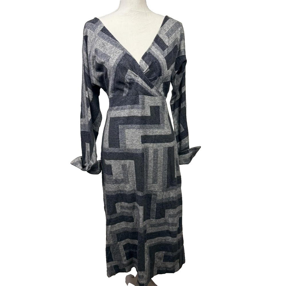 Diane Von Furstenberg Dress Womens 10 Gray Geometric Midi Dark Academia Business